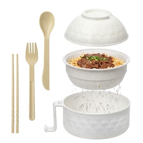 MUUBOOX Ramen Bowl Set,Microwave Ramen Cooker Instant Noodles Bowl with Chopsticks Spoon,Rapid Ramen Noodle Bowl, Portable Noodle Bowls,for Home Office Dorm Room College gift(Beige)