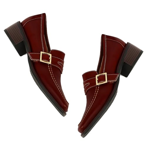 Image of MOOMMO Women Chunky Heel Penny Loafers Square Toe Buckle Slip On Comfort | Office Ladies Loafer Pumps 2 inch Stacked Block Heel Dress Loafers Oxfords Walking Dress Shoes Casual Size 4-11 M US
