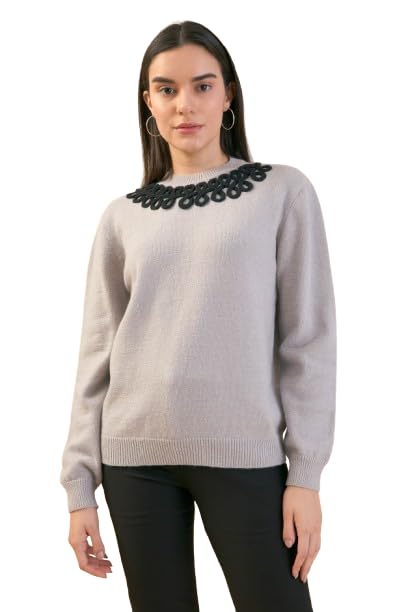 salt attire Dorothy Women's Woolen Embellished Round Neck Full Sleeve Sweater - Regular Fit, Standard Length, Cozy Closet Collection, Made in India Grey-picture-28