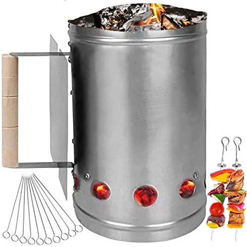 parpyon® Ciminiera Barbecue accendi carbonella BBQ Kit + 10 Spiedini in Acciaio da 10cm in Omaggio – Ideale per Accessori e Barbecue Weber (Kit-2)