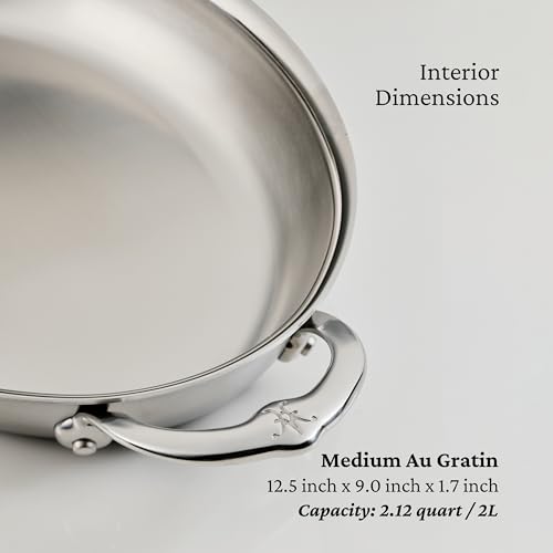 Image of Hestan Provisions Oval Au Gratin Baking Dish, 2 Quart Clad Stainless Steel, 12.5 x 9 Inch - Oven Safe 600F, Kitchen to Table Serving, Designed with Thomas Keller