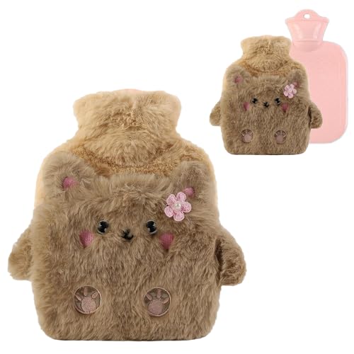 Bolsa de Agua Caliente 500ML Peluche Botellas de Agua Caliente con Tapa, Agua Caliente Bolsa Niñose explosiones Natural Goma Botellas Para Aliviar dolor,Molestias en Cuello y Noches de Insomnio-Oso