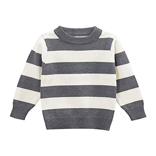 Moonnut Baby Boys Crewneck Striped Pullover Sweater Soft Winter Tops Knitwear (5T, Grey/White)