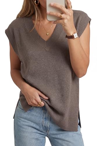Arach&Cloz Fall Womens Wool Knit Blend V-Neck Solid Relaxed Fit Casual Sweater Vest Dressy Trendy Sleeveless Clothing Fashion Clothes Casual Outfits Pullover Office Work Tank Top 2026 Coffee M