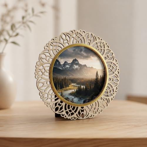 Image of Round Photo Frame | Wooden Decorative Picture Frame with Lace Laser Cut Border & Clear Acrylic Front | Wall & Tabletop Display | Premium Home Decor & Gift (21X21 Cms)