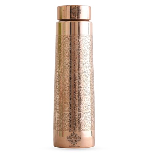 Image of INDIAN ART VILLA Copper Drinkware Pyramid Shape Embossed Design Copper Bottle, 800 ML, Printed Shine Brown
