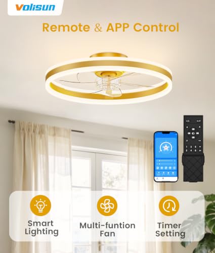Image of VOLISUN Low Profile Ceiling Fans with Lights and Remote, 20in Flush Mount Ceiling Fans with Light, 3000K-6500K Dimmable Fandelier LED Fan Light, Gold Bladeless Ceiling Fans with Lights for Bedroom