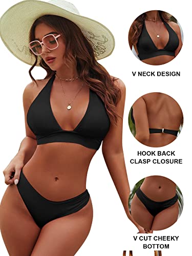 Blooming Jelly Womens High Cut Bikini Sets Halter Top Swimsuits Deep V Neck Sexy Two Piece Bathing Suits (Medium, Black) #TOP3