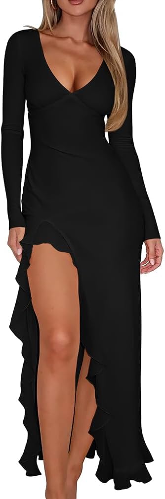 XXTAXN Women's Sexy Elegant V Neck Long Sleeve Ruffle Hem Split Party Prom Maxi Dress