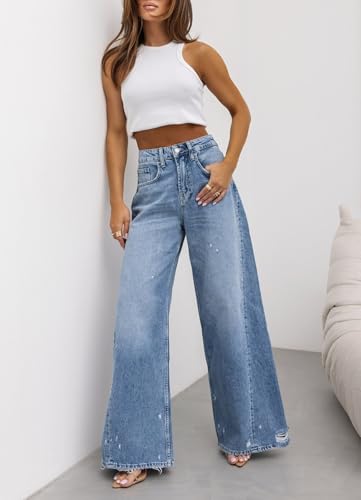 Womens High Waist Bell Bottom Jeans Stretchy Baggy Straight Wide Leg Boyfriend Denim Pants Distressed Blue Jeans2