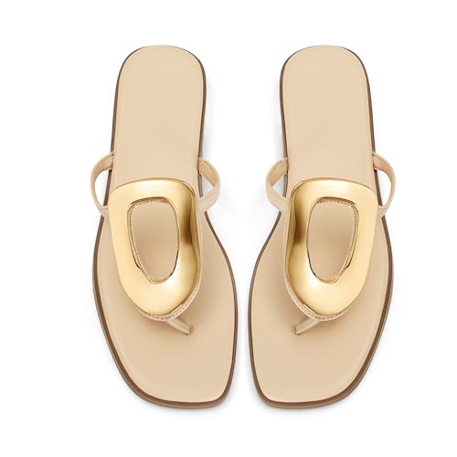 Image of Wnshonzy Flip-Flops for Women Thong Sandals Flat Slip on Slides Beach Comfort Open Square Toe Ladies Slipper Dressy Metal Hardware Decoration Summer Shoes Casual Fashion