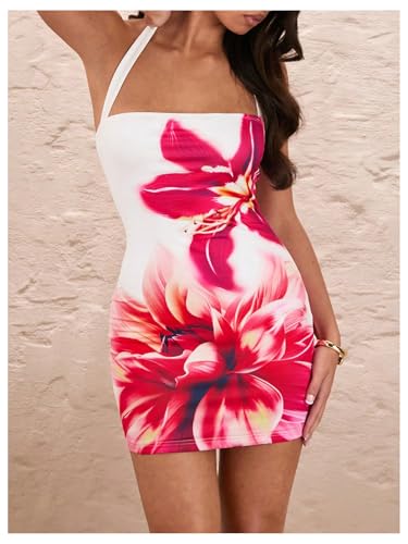 OYOANGLE Women's Floral Print Y2K Mini Dress Halter Neck Sleeveless Fitted Short Dresses3