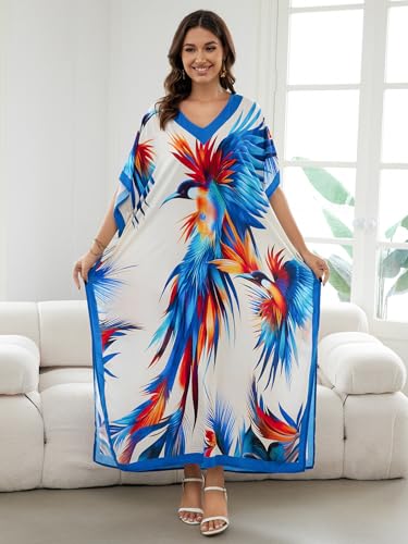 Image of IMAGEKOPE Women's Plus Size Loose Fit Moroccan Print V-Neck Batwing Kaftan Beach Dress Bathing Suit Cover Up