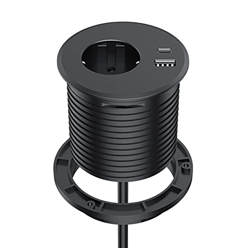 Prise encastrable plan de travail 80mm Dinolink avec USB C et câble de 2m pour bureau noir
