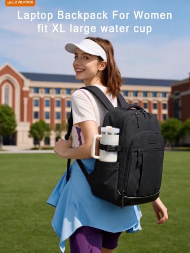 Image of LOVEVOOK Laptop Backpack for Women, Waterproof Work Travel Backpack with Large Cup Pockets for Teacher Nurse, 15.6 inch Computer Bag College Bookbag Daypack, Gifts for Women, Black