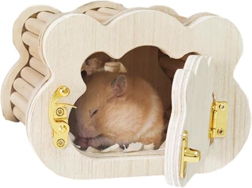 DancJulieハムスターハウス 木製 - スナネズミ、マウス、ドワーフハムスターのための小動物の隠れ家 |装飾的な生息地小屋、かわいい雲のデザイン、天然木のペットシェルター、小動物用ケージアクセサリー