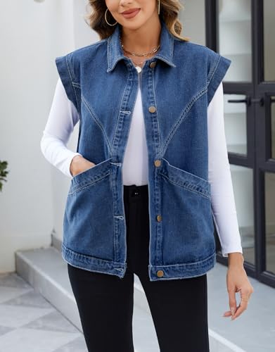 Ladyful Womens Oversized Denim Vest Long Jean Vest Top Utility Button Down Sleeveless Jean Jacket with Pockets2