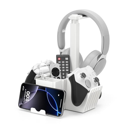 KDD Dual Controller Holder with Headphone Stand - Multi-Functional Desk Storage Box with Phone Holder - Universal Controller Stand with Desktop Organizer for Remote Control Pen Accessories(White)