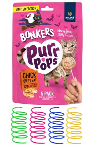 DN Essentials Bonkers Purrpops Limited Edition Halloween Chick or Treat Freeze-Dried Cat Treats, Chicky Licks High Protein, 5 Pack with Cat Spring Toys Bundle Pack!