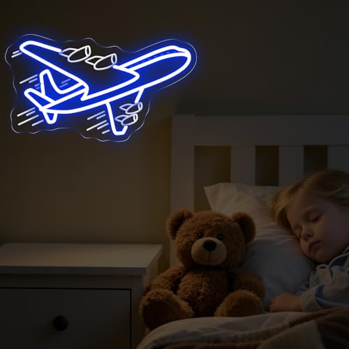 Image of Airplane Neon Sign, Airplane Wall Decor, Air plane Wall Art, Aviation Light Sign, Gift for Kid, Air Plane Wall Decor for Home Bar, 16.5 inchx9.3 inch, Blue