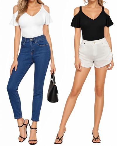 HERLOLLYCHIPS Sexy Tops for Women Cold Shoulder Deep V Neck Short Sleeve Slim Fit Summer Casual Tees T-Shirts4