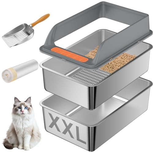 Stainless Steel Sifting Litter Box with Lid, XXL Extra Large Sifting Cat Litter Box for Pine Pellets & Big Cats,Metal Pellet Sifter Litter Pan System for Odor Control,Sifting Box Liners & Scoop