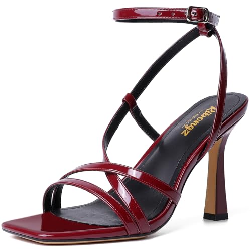 RIBONGZ Burgundy Strappy Stiletto Kitten Heels Ankle Strap Sexy Heeled...