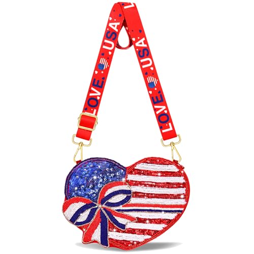 Image of 4th of July Purse for Women Sequin Beaded USA Star Purse American Flag Crossbody Shoulder Bag 4th of July Outfits