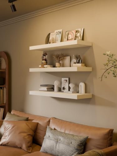 Image of 36-Inch Floating Shelves, Set of 3 Wall Mounted Storage Ledges, 12-Inch Deep Extra-Thick Solid Paulownia Wood Shelving for Kitchen, Living Room, Bedroom & Bathroom, White