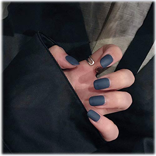 TseanYi Navy Blue Coffin Fake Nails Short Square Matte Press on Nails Clip on Nails Ballerina Acrylic Nails Tips Accessories for Women and Girls 24 Pcs