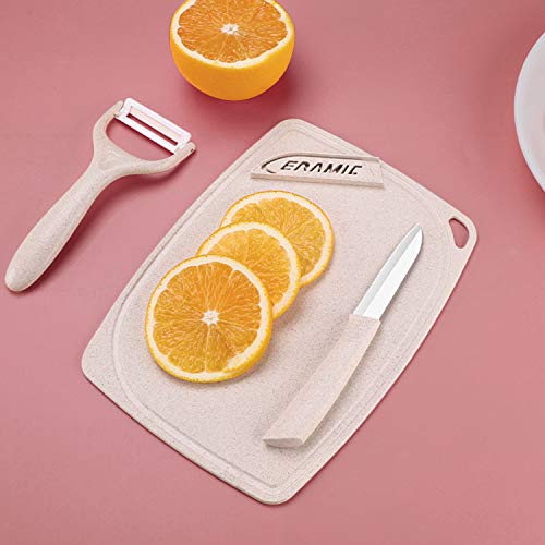 Rozcels Ceramic Fruit Knife Peeler Set - Paring Knife with Cover, Peeler and Wheat Straw Cutting Board for Fruit and Vegetables