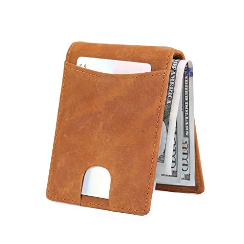 KissTies Mens Wallet Top-Grain Leather Bifold RFID Block Money Clip (Tan)