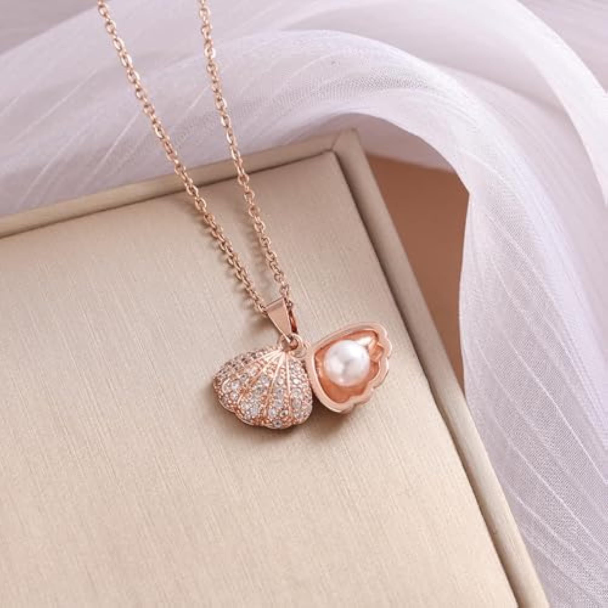 Rose Gold Rhinestone Sea Shell Necklace for Women