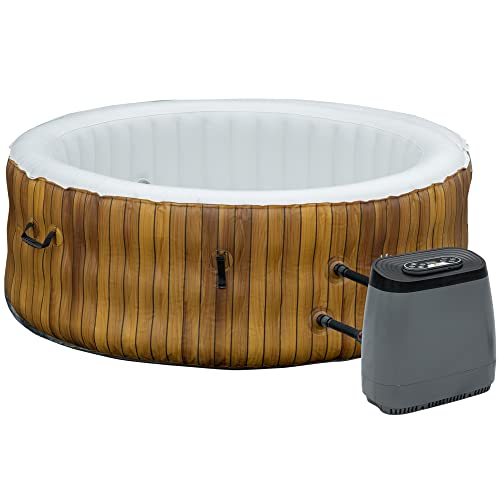 Outsunny 4 Person Inflatable Hot Tub, Outdoor Round Portable Spa With 108 Heated Air Jets, Cover, Pump, 2 Filter Cartridges, Faux Wood #TOP27