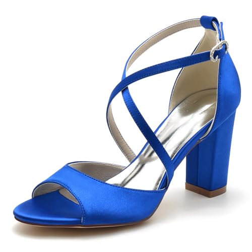 smlekwc Mujer Correa Cruzada Zapatos De Vestir De Boda Peep Toe Sandalias De Novia De Satén Tacón Alto De Bloque Zapatos De Noche Fiesta De Graduación,Azul,43 EU