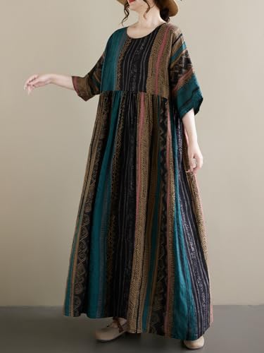 Image of Women Summer Casual Loose Dress Plus Size Boho Dresses Vintage Striped Print Round Neck Short Sleeve with Side Pocket