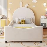 Merax Twin Size Upholstered Daybed with Rabbit Ear Shaped Headboard, Wooden Platfrom Bed Frame with Curved Footboard and Guardrail
