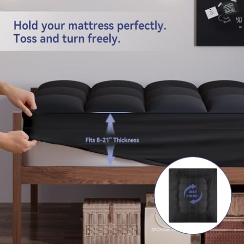 Image of ELEMUSE Twin Black Mattress Topper, Thick Pillow Top Mattress Pad | Overfilled down alternative filling adds plush comfort. Deep pocket design fits twin beds for small spaces and guest rooms.