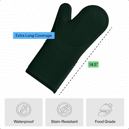 Image of GORILLA GRIP BPA-Free Soft Silicone Oven Mitts, 14.5x8.3, Heat Resistant and Waterproof Cooking Gloves, Thick Cotton Lining, Flexible Gripping for Baking Grilling, Kitchen Potholders Set, Hunter Green