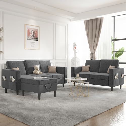 Mjkone 3 Pieces Sectional L Shaped Sofa Couches Set for Living Room Furniture Sets, 3-Seater 78' Width Small Couch Sofas and Loveseat with Storage Ottoman and Side Pockets for Home Office, Dark Grey