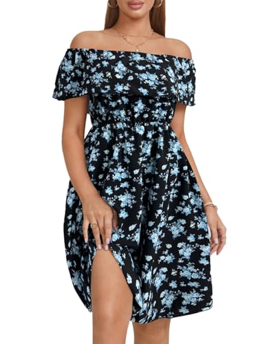 Image of Womens Off Shoulder Ruffle Floral Wedding Guest Dresses A Line Shift Short Skater Dress