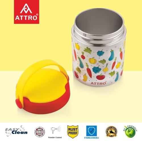 Image of ATTRO Happy Go Vacuum Insulated ISI Certified Stainless Steel Soup Jar 500ml, Leakproof, Long Temperature Retention for Kids & Adults,Ideal for School,Office,Picnic & Travel - Fruity Veggie Fun Yellow