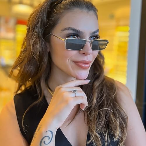 Image of Small Y2K Narrow Rectangle Sunglasses for Women Men | Trendy Raves,80s 90s Retro,Lightweight,Thin Metal Frame,UV400 Protection,Fashion Glasses for Festival Travel Driving