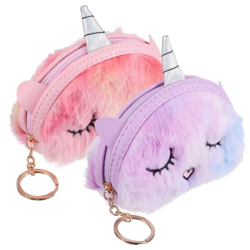 2pcs Plush Unicorn Coin Purses for Girls Cartoon Zipper Change Pouches Soft Furry Design for Coins Cards and Items Birthday Party Favors