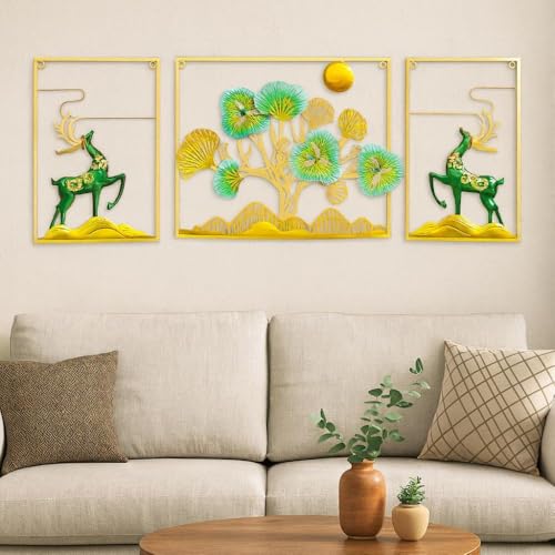 Image of SHREE 'O' GREEN TECH - Handcrafted Metal Set Of 3 Golden Deer Wall Art Leaf Frame Showpiece Multicolor Decor for Home, Living Room, Drawing Room & Bedroom Decor