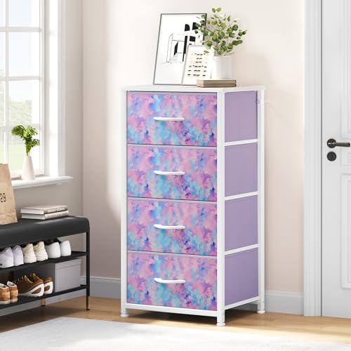 DWVO Dresser with 4 Drawers - Storage Tower Unit, Dresser for Bedroom, Living Room, Closets - Sturdy Steel Frame, Wooden Top & Easy Pull Fabric Bins, Tie-dye Purple