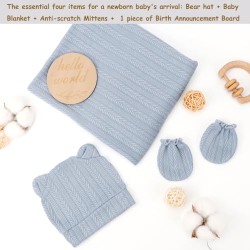 Image of DRESHOW BQUBO Newborn Receiving Blankets for Baby Girl Boy Swaddle with Bear Hat No Scratch Mittens Announcement Card Set for 0-3 Months