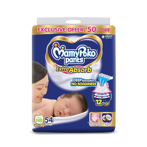 Image of MamyPoko Pants Extra Absorb Baby Diapers, New Born (NB size) | 0-5 kg | 54 Count |Deep Sleep Diapers| Soft gentle fit |Deep Absorbent Crisscross | skin friendly with coconut oil |