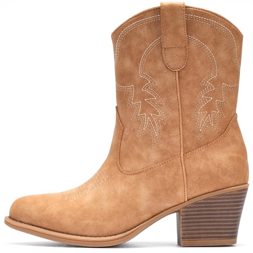 Image of IXU Cowboy Boots for Women Ankle Cowgirl Booties Wide Mid Calf Pointed Toe Western Boots Short Chunky Classic Booties
