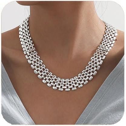 Artmiss Silver Chunky Choker Necklace Statement Wide Chain Necklace Jewelry for Women Christmas Gifts
